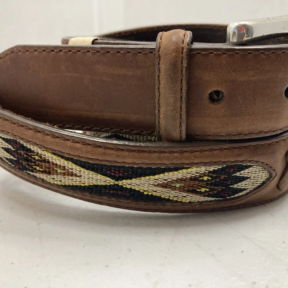 New Brighton Belt Brown Leather Southwestern Woven‎ Inlay Cowboy sz 32